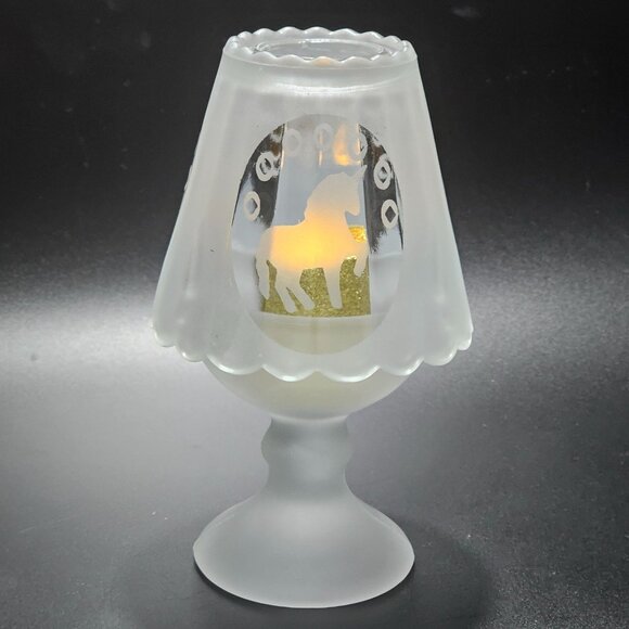 Frosted Glass Unicorn Candleholder 6" tealight votive holder whimsy patio lights - Picture 1 of 8